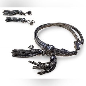 Vintage Monet Silver Tassle Jewelry Bracelet and Earring Set